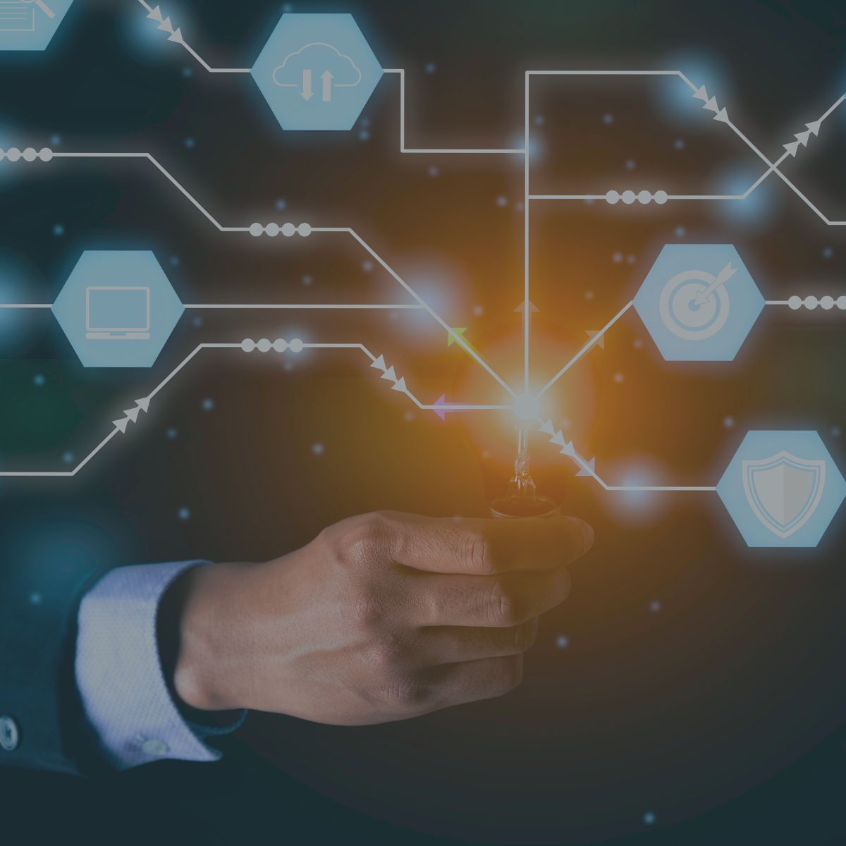 A conceptual digital map of a production network showing multiple fulfillment nodes connected by data lines to illustrate distributed print-on-demand logistics.